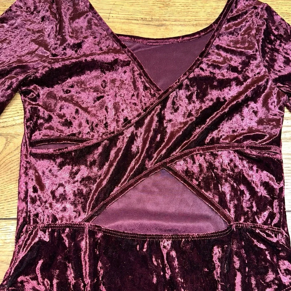 Lush Crushed Velvet Long Sleeve Bodysuit Burgundy Wine Holiday Party Women's L - Picture 4 of 10